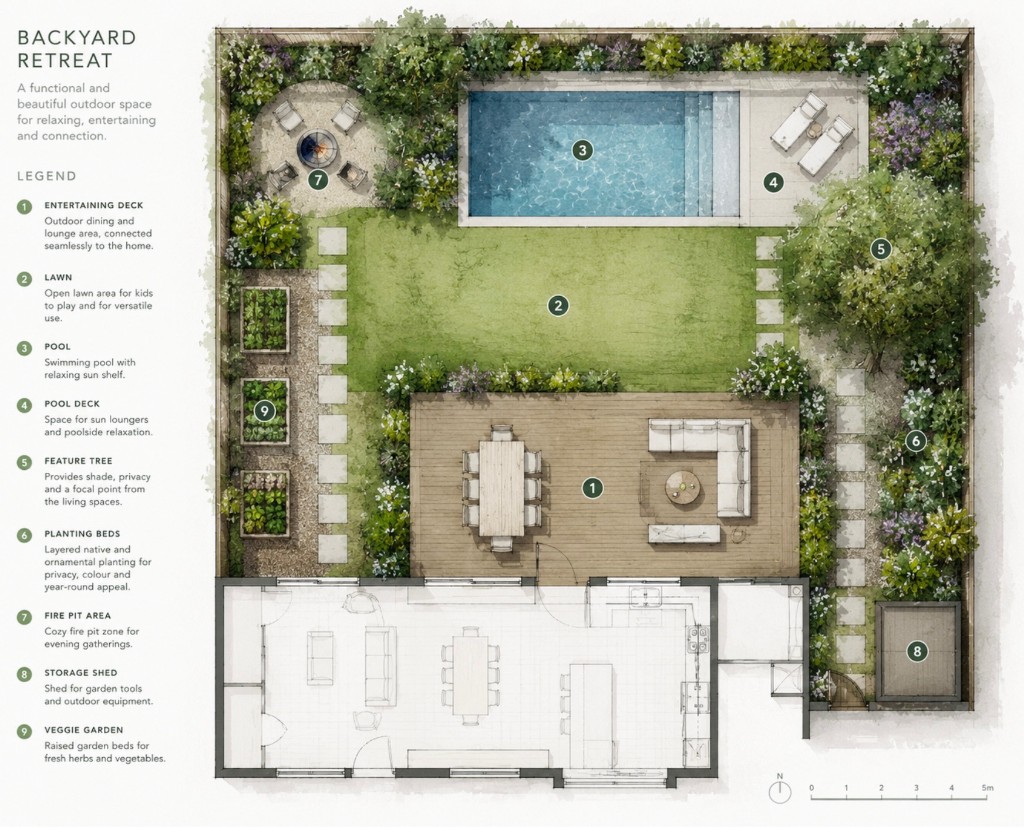 Landscape concept plan titled Backyard Retreat, showing a house opening onto a deck, lawn, pool, planting beds, fire pit, veggie garden, and storage shed